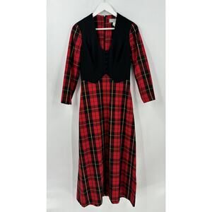 Danielle Vintage Dress Womens 10 Black Red Plaid Maxi Length Long Sleeves Vest